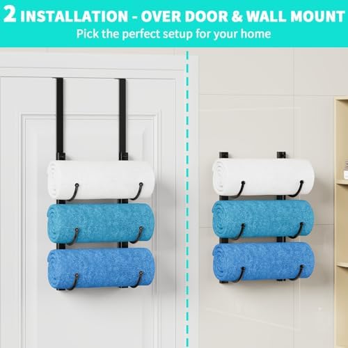 HapiRm Rolled Towel Racks for Bathroom - 3-Tier Over The Door & Wall Mounted Bathroom Towel Storage, Hanging Metal Organizer for Towels & Bath Sheets, Space Saving Rack for Bathroom, Camper, RV, Black - Image 4
