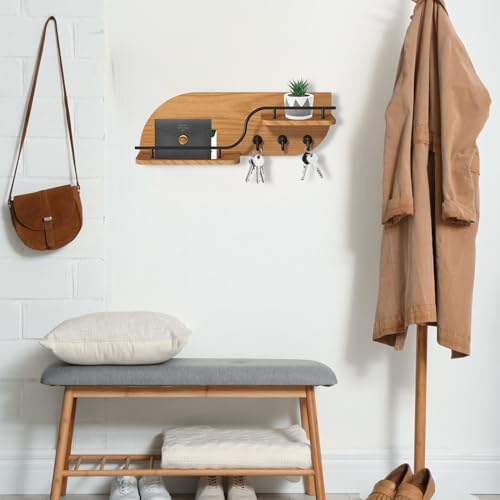 Modern Decorative Key and Mail Holder with 2 Floating Shelves, Wood Wall Mounted Key Organizer with 3 Metal Hooks for Home Entryway, Brown - Image 4