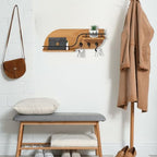 Modern Decorative Key and Mail Holder with 2 Floating Shelves, Wood Wall Mounted Key Organizer with 3 Metal Hooks for Home Entryway, Brown - Image 4