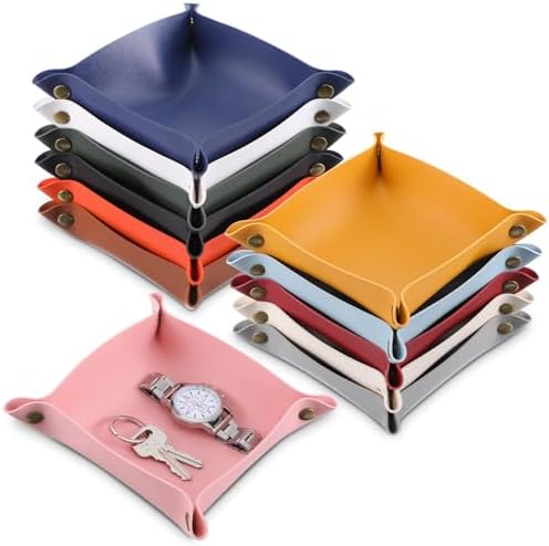 12 Pcs PU Leather Valet Tray, Foldable Catchall Organizer with Snap Buttons, Double Sided Key Tray for Entryway, Desk, Travel, Phone, Keys, Jewelry - 12 Colors by Unknown