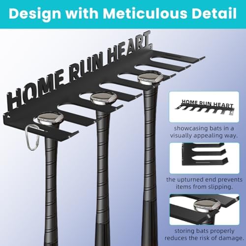 Baseball Bat Storage Rack Wall Mount Softball Holds 14 Bats Metal Organizer Heavy Duty Steel Sports Display Holder Home and Field Equipment Hanger Hooks Hardware Included Home Run - Image 3