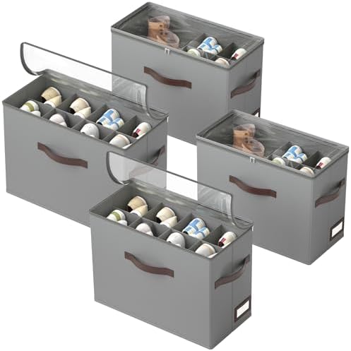 OIAHOMY 4 Pack Shoe Organizer for Closet, Foldable Shoe Storage Bins with Adjustable Dividers, Stackable Oxford Cloth Sneaker Boxes for Entryway Bedroom, Fits Up to 32 Pairs, Grey by MasterofSpaceOptimization