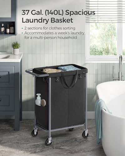 SONGMICS Laundry Basket with Wheels, 2-Section, 37.0 Gallons (140 L) - Image 3