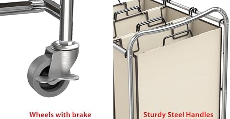 Simple Houseware Heavy Duty 3-Bag Laundry Sorter Rolling Cart, Chrome - Image 4