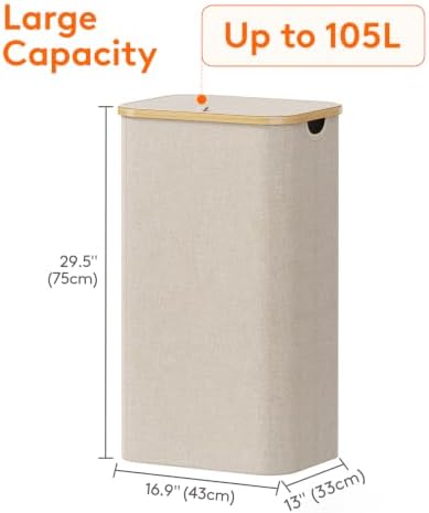 Lifewit 105L Laundry Basket with Lid, Clothes Hampers for Laundry with Bamboo Handles and 1 Removable Bag, Large Foldable Laundry Hamper for Bedroom, Bathroom, Dorm, Laundry Room, Beige - Image 3
