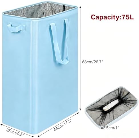 efluky Slim Laundry Basket, Narrow Laundry Hamper with Handles, Collapsible Dirty Clothes Hamper, Tall Laundry Bin for Laundry Room, Dorm and Bedroom, 19.8 Gallon (75L) Sky Blue - Image 2