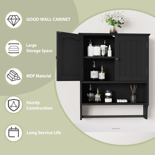 Smuxee Black Bathroom Cabinet Wall Mounted with Towels Bar, Medicine Cabinet with 2 Door Adjustable Shelves, Over Toilet Cabinet for Bathroom Laundry Room Kitchen - Image 6