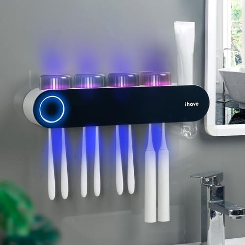 iHave UV Toothbrush Sanitizer Holder Wall Mount Toothpaste Dispenser, 4-Cup by ihave