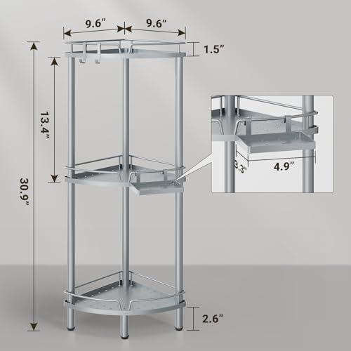 ELYKEN Corner Shower Caddy Standing, 3 Tier Metal Shower Organizer, Silver - Image 2