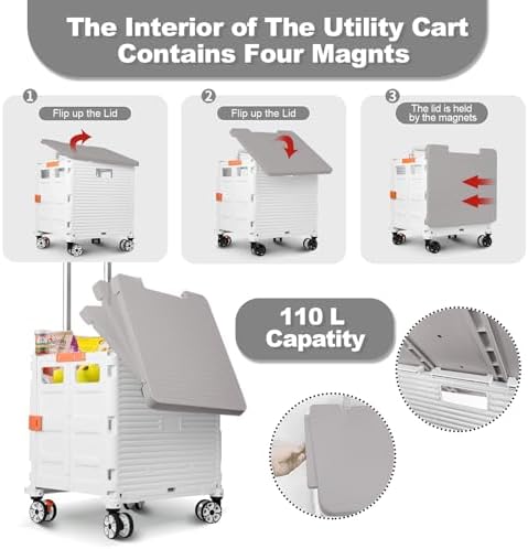Foldable Utility Cart Folding Portable Rolling Crate with Magnetic Extended Lid,360°Rotate Wheels,176LBS Load Capacity,Heavy Duty Durable Dolly Cart for Teacher Tourist Shopping Office Outdoor(White) - Image 2