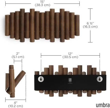 Umbra Picket Coat Rack, Wall Mount 5 Flip-Down Coat Hooks, Walnut - Image 3