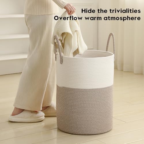 Laundry Basket Hamper Tall Rope Storage Woven for Blanket Toys Dirty Clothes in Living Room Bathroom Bedroom White & Brown 60L/15.8Gal - Image 2