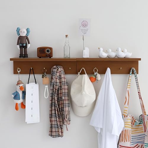 Marine Plywood Wall Mounted Coat Rack with Shelf & Key Hooks, 5 Brass Hooks Entryway Organizer, Modern Floating Shelf for Bedroom Hallway, Space-Saving Home Storage Rack (2, Teak Finish) - Image 7