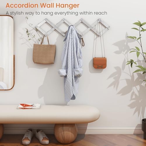 Homode Accordian Wall Hanger, Expandable Coat Rack Wall Mounted, Accordion Style Wood Hat Rack with 13 Peg Hooks for Hanging Coats, Hats, Mugs, Bags, Purses, Necklaces, Rustic White - Image 2