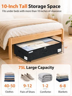 punemi 10" Tall 75L Under Bed Storage Bins with Wheels, Rolling Storage Bin | Clear Lids,360° Wheels,for Clothes, Shoes, Blankets & Bedding, Closet, Shelf & Dorm Organization，2-Pack, Black - Image 2