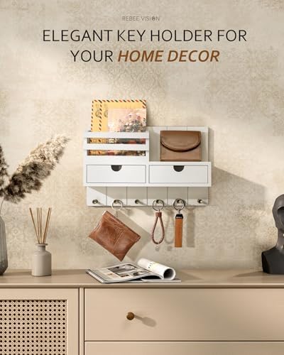 Rebee Vision Key Holder Wall Mount with 2 Drawers for Aesthetic Room, White - Image 4