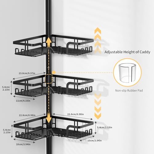ZUNTO Tension Pole Shower Caddy Corner for Bathroom, Adjustable 25in-114in Floor to Ceiling, Standing Shower Tension Rod Organizer, 4 Tier Storage Shelves with Hooks, Black - Image 3