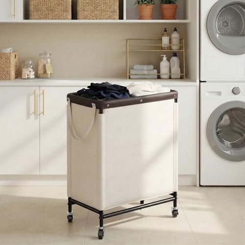 StorageWorks 2 Section Laundry Hamper, 100L Beige Sorter Cart with Wheels - Image 6