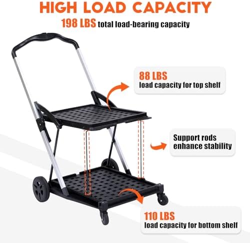 2-Tier Collapsible Office Utility Cart with Wheels – Heavy Duty Folding Mobile Trolley for Multi-Purpose Storage – Black – 2 Cargo Boxes - Image 3