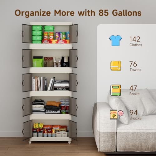 Collapsible Storage Bins with Lids and Front Doors, Heavy-Duty Stackable Plastic Organizers, Folding Utility Storage Boxes for Garage, Office, Pantry and Home (5, White, 19 Gal/Rack) - Image 4