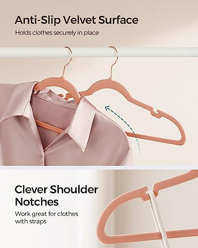 SONGMICS Velvet Hangers 50 Pack, Non-Slip Clothes Hangers, Space-Saving | Suit Hangers with Shoulder Notches, Pants Bar, 360° Swivel Hook, for Closet, Coral Pink, BREANNA Collection UCRF029PK05 - Image 3