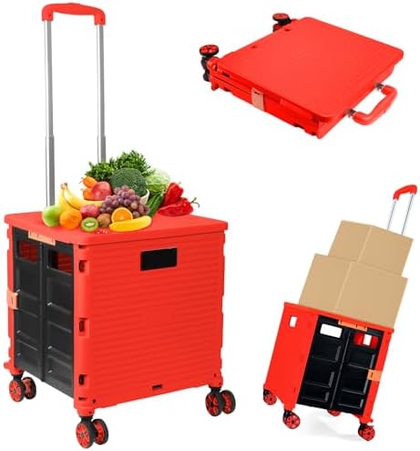 Foldable Utility Cart Folding Portable Rolling Crate Handcart Shopping Trolley Wheel Box with Lid Wear-Resistant Noiseless 360°Rotate Wheel for Travel Shopping Moving Storage Office Use (Red) by ZIYOULANG