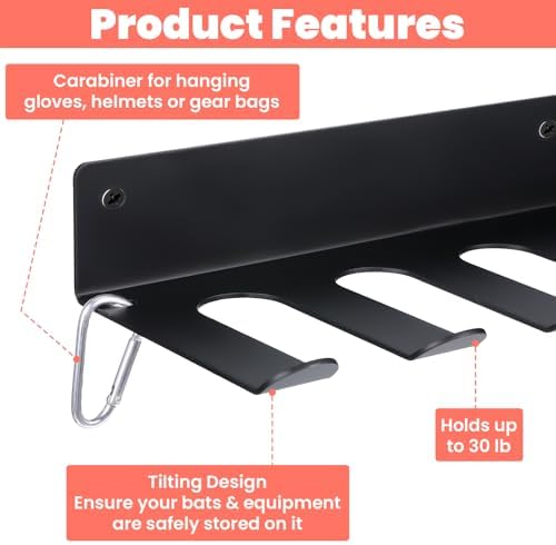 2 Pack Wall Mount Baseball Bat Rack, Heavy Duty Steel Holder Hooks for 14 Bats, Gloves, Hats, Bags, Sports Equipment Organizer Hanger, Black - Image 3