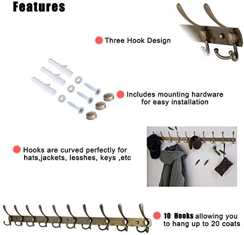Dseap Coat Rack Wall Mount - 38” Long 10-Tri-Hooks Heavy Duty Coat Hanger Rail Wall Hooks for Hanging Coats Hats Clothing Clothes Purse Mudroom Entryway, Bronze - Image 3