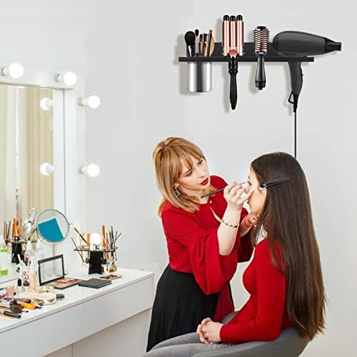 Hair Tool Organizer Wall Mounted - Wooden Dryer Holder, Blow Dryer Holder for Bathroom, Rustic Styling Tools Organizer for Flat Iron, Curling Wand, Hair Straighteners, Brushes, Black - Image 5