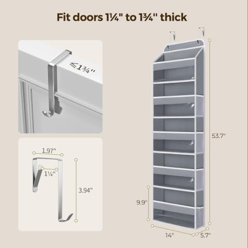 LAMU Over the Door Organizer, Large Capacity Behind the Door Storage with Clear PVC Windows, Heavy Duty Stuffed Animal Storage for Dorm Nursery Bedroom Closet Bathroom Pantry Shoes, 5 Tier Grey - Image 3