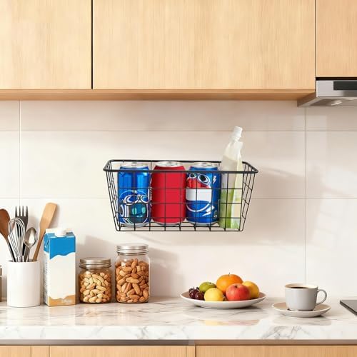 3 Set LeleCAT Adhesive Over the Cabinet Door Wire Baskets for Organizing for Kitchen Food Pantry Bathroom Shelf Storage No Drilling Wall Mounted,Black - Image 3