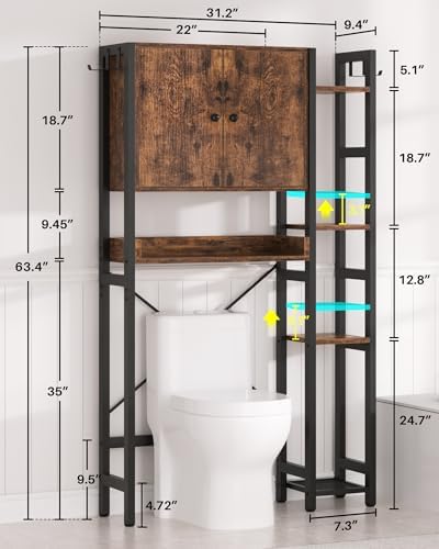 Over The Toilet Storage Cabinet with Doors - 7 Tier Bathroom Organizer with Adjustable Shelf, Freestanding Space Saver Rack Above Toilet Stand with 4 Hooks for Bathroom, Restroom, Laundry, Rustic - Image 3