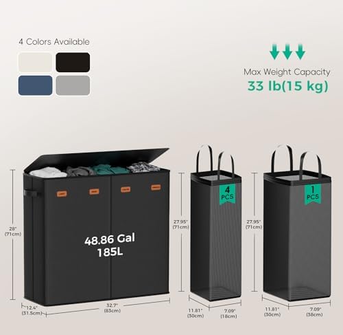185L Laundry Hamper 4 Section with Lid & Removable Bags - Image 5