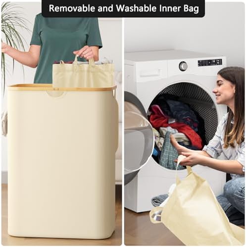 SpaceAid Double Laundry Hamper 2 Section with Lid and Removable Laundry Bags, 160L Clothes Basket with Bamboo Handles, Large Collapsible Hamper for Bedroom, Bathroom, Dorm, Laundry Room - Beige - Image 4
