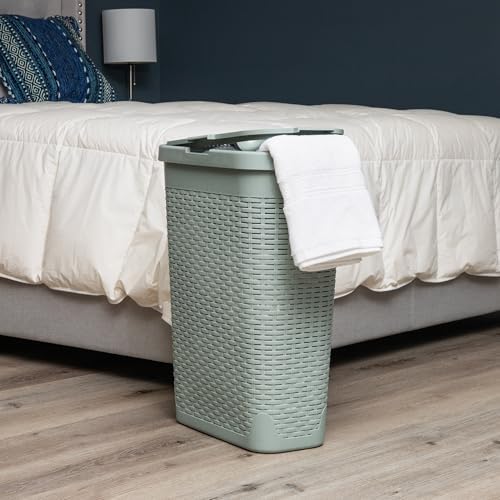 Mind Reader Slim Laundry Hamper with Lid, 40L Clothes Basket, Narrow Tapered Design with Ventilated Cutout Pattern, Plastic, Mint - Image 2
