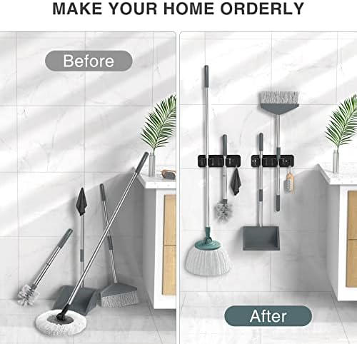 homeasy Wall Mount Mop and Broom Holder, Heavy Duty Stainless Steel Organizer Rack with Hooks | 2-Pack, 2-in-1 No Drill & Screw Installation, Black - Image 3