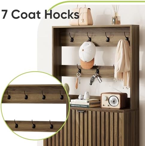 Smart FENDEE Tall Shoe Cabinet with Coat Rack,Fluted Shoe Cabinet Storage for Entryway, Walnut Hidden Shoe Cabinet with Metal Legs,Shoe Organizer Cabinet, Slim Entryway Shoe Storage Cabinet （31.5in） - Image 3