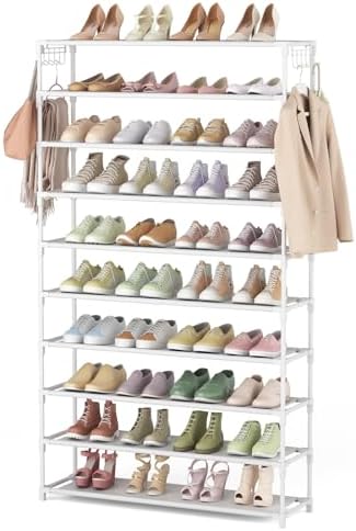 LANTEFUL 10 Tiers Shoe Rack 50 Pairs Large Capacity Tall Shoe Organizer Sturdy Shoe Storage with Two Hooks Space Saving Metal Wide Shoe Rack for Closet, Entryway, Bedroom, White by LANTEFULforTidyingHouse