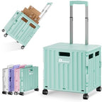 Folding Utility Cart with Lid, Portable Rolling Crate Handcart Collapsible Shopping Trolley, Durable Plastic Foldable Tool Basket with 4 Rotate Wheels for Grocery, Office, Luggage, School - Cyan by Dkenicor