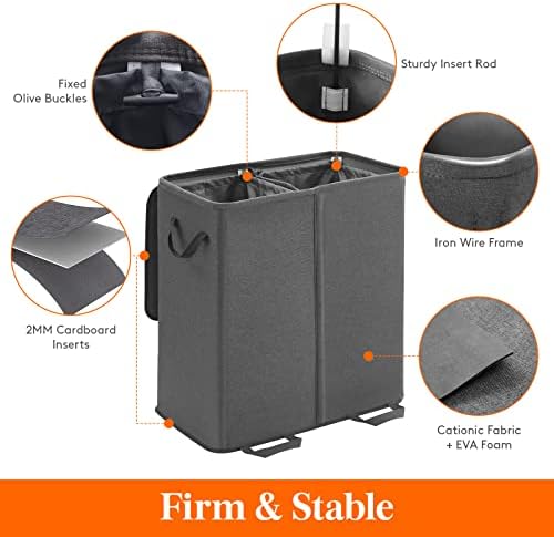 Lifewit Double Laundry Hamper with Lid, Removable Laundry Bags, Black - Image 2
