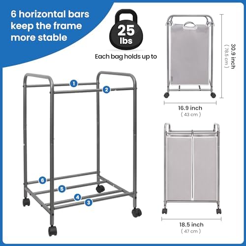 STORAGE MANIAC Laundry Sorter 2 Section, 90 L Gal Laundry Hamper with Wheels, Clothes Basket Separator Sorter, 2 Bag Rolling Cart and Removable Bags for Closet, Dorm, Collage, Grey - Image 4