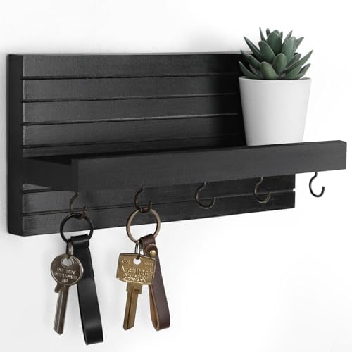 Lwenki Decorative Key Holder for Wall with Shelf, Entryway Shelf with Hooks Holds Leashes, Jackets and Glasses – Sturdy Wood Keyholder Entrance Hanger with Mounting Hardware (Black, Medium) by Lwenki