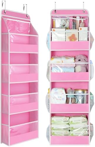 Yecaye 5 Tier Over the Door Organizer, Swing-proof Door Organizer Hanging with Clear PVC Windows, Behind the Door Storage for Bedroom Nursery Closet Laundry Pantry Bathroom, Pink by Yecaye