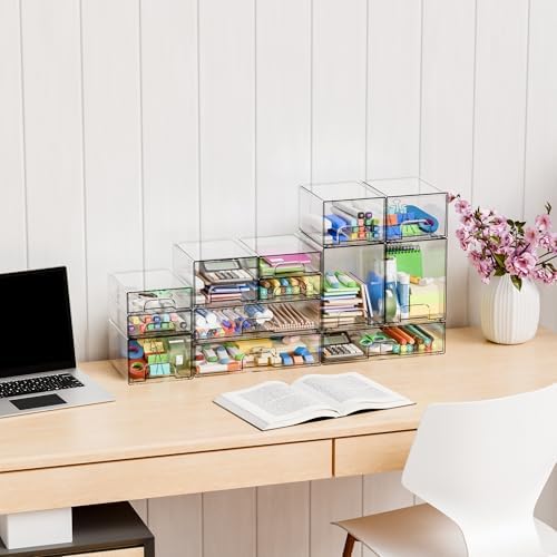 Yieach 8 Pack Small Clear Stackable Storage Drawers,2.2'' Tall Desk Organization and Storage,Plastic Office Supply Organizer,Acrylic Storage Containers for Makeup,Hair Clip,Accessory,Pen,Art Crafts - Image 2