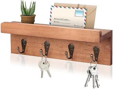 Key Holder Wall Mount, Farmhouse Wall Shelf with 4 Hooks for Entryway by Hronrad