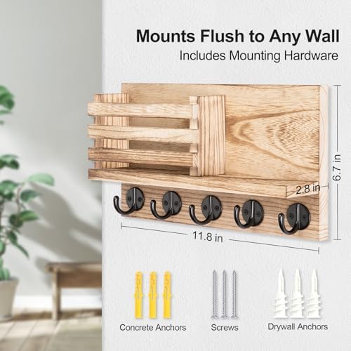 Lwenki Key Holder for Wall – Decorative Wooden Mail Holder and Key Shelf with Mounting Hardware, Installation Guide – Paulownia Wood with Metal Key Hooks (Wood, Large - 11.8inch) - Image 2