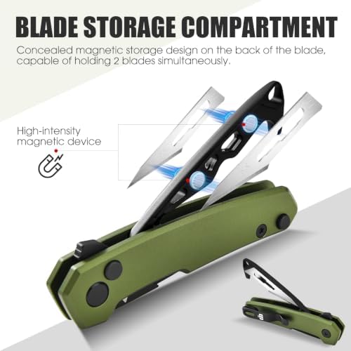 Folding Box Cutter Utility Knife, Green Aluminum, Pocket Clip + 5 Blades - Image 3