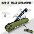 Folding Box Cutter Utility Knife, Green Aluminum, Pocket Clip + 5 Blades - Image 3