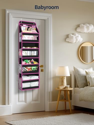 Yecaye 5 Tier Over the Door Organizer, Swing-proof Door Organizer Hanging with Clear PVC Windows, Behind the Door Storage for Bedroom Nursery Closet Laundry Pantry Bathroom, Pink and Black - Image 6