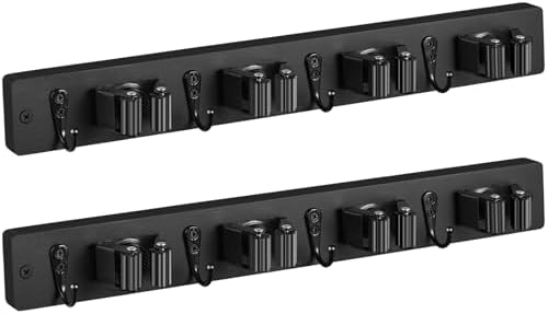 OUTNILI 2 Pack Black Mop Broom Holder Wall Mount - Wood Broom Mop Hanger - Wall Mounted Garden Tool Rack Organizer for Closet Garage Laundry Room, 4 Slots & 4 Hooks by OUTNILI